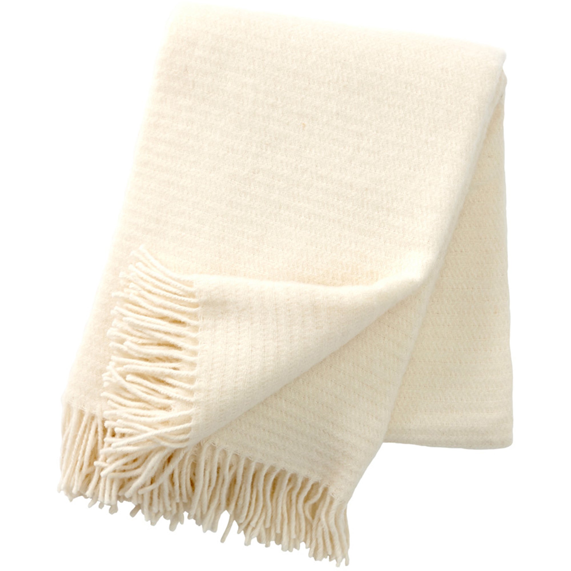 A white eco lambswool throw with a fringed edge, displayed on a neutral background.