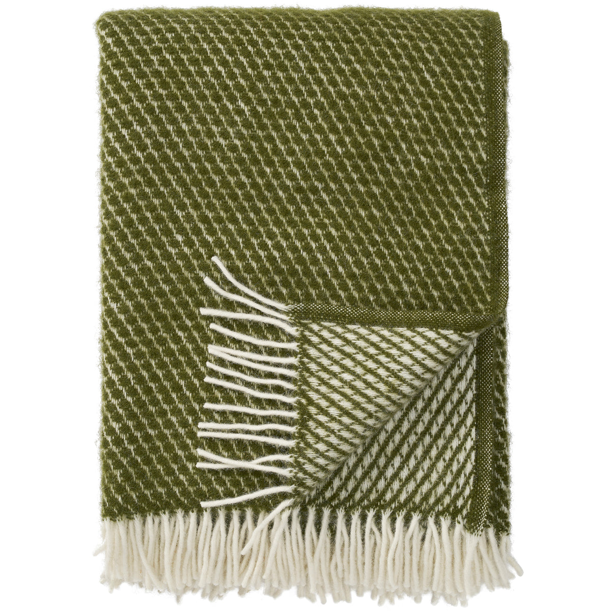 A green brushed lambswool throw with a fringed edge, displayed on a neutral background.