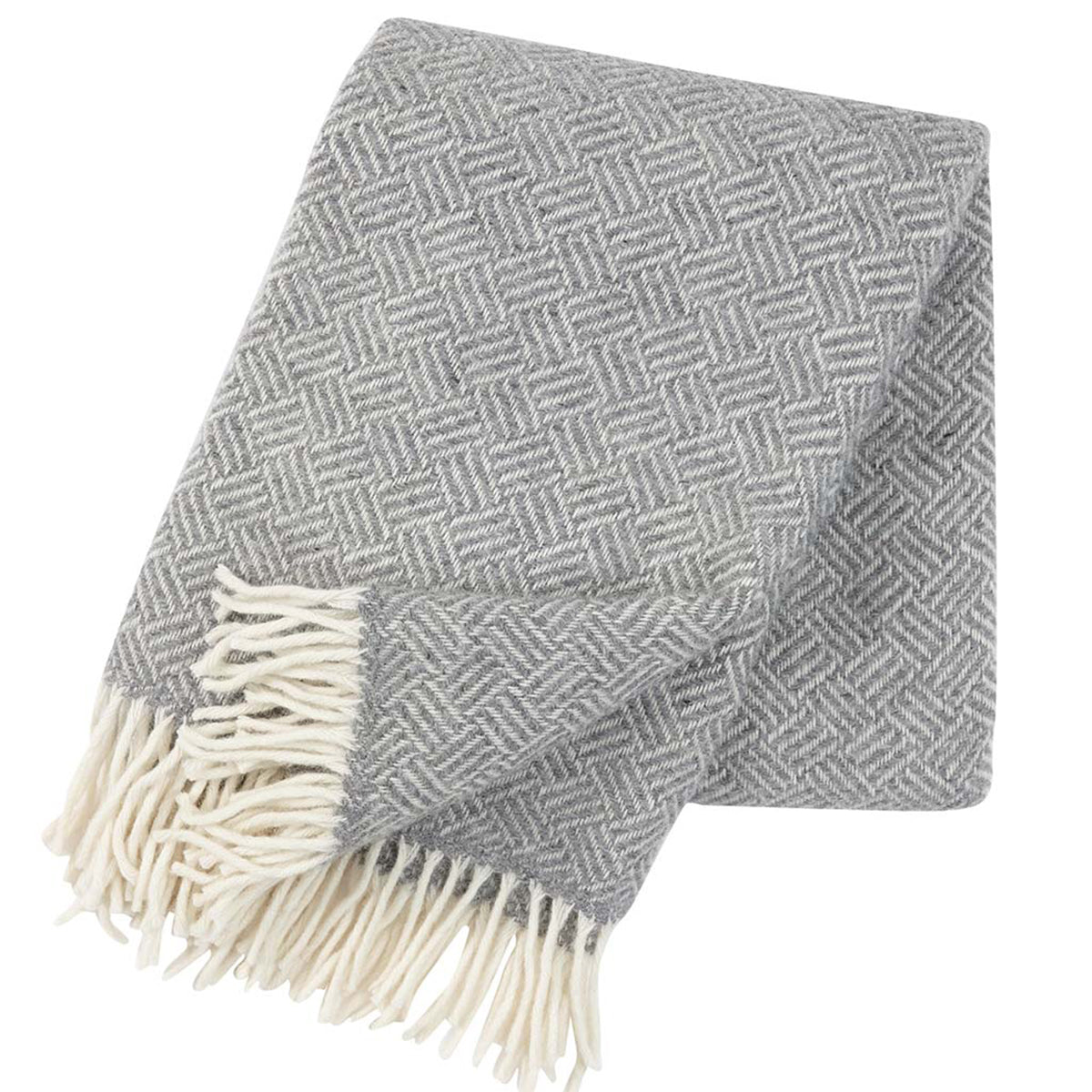 A gray and white checkered lambswool blanket with a fringed edge, displayed on a white background.