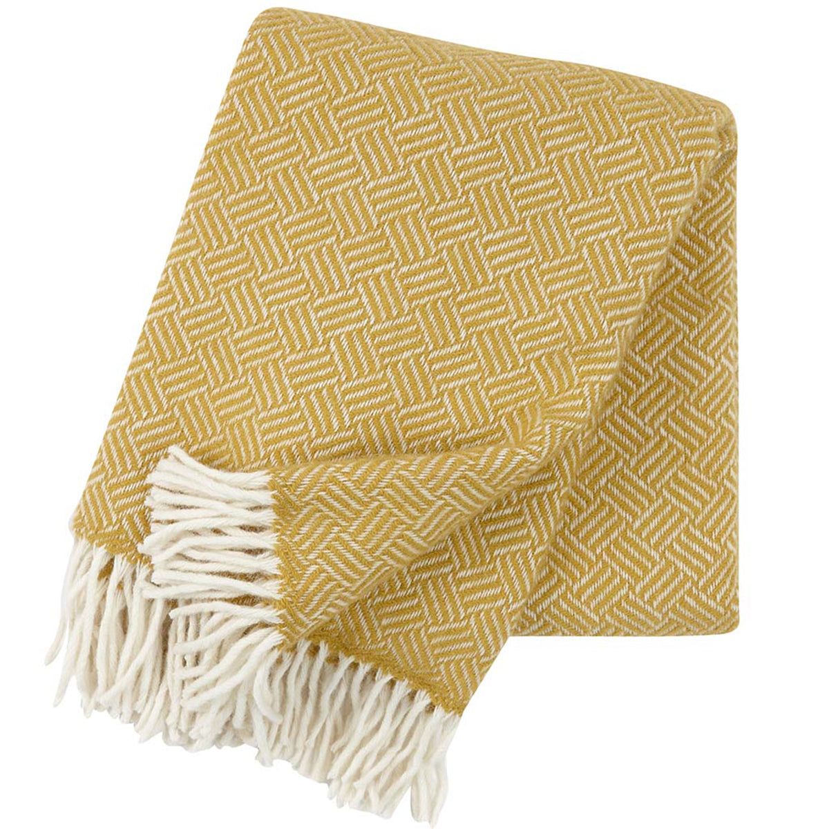 A yellow lambswool throw with a geometric pattern, fringed with white, displayed on a white background.