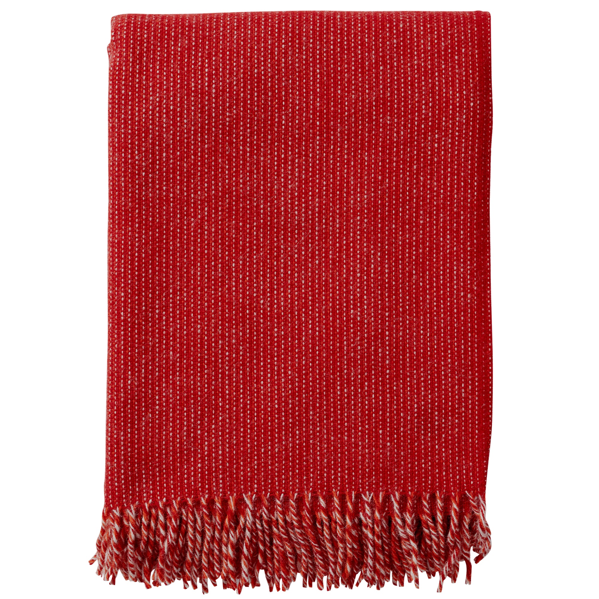 A red brushed lambswool throw with fringed edges displayed on a white background.