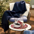 Gotland Navy throw in the garden with Smultronblom tray
