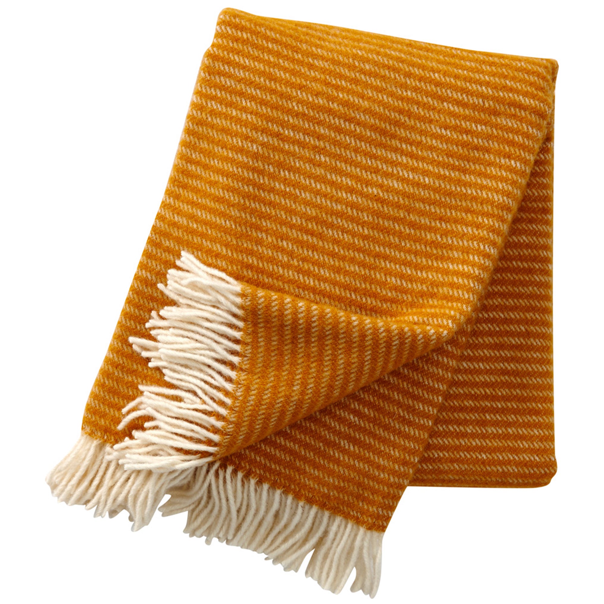 A mustard yellow eco lambswool throw with a textured weave and fringes on the ends.