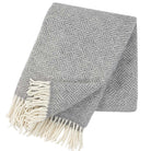 A gray and white checkered lambswool blanket with a fringed edge, displayed on a white background.