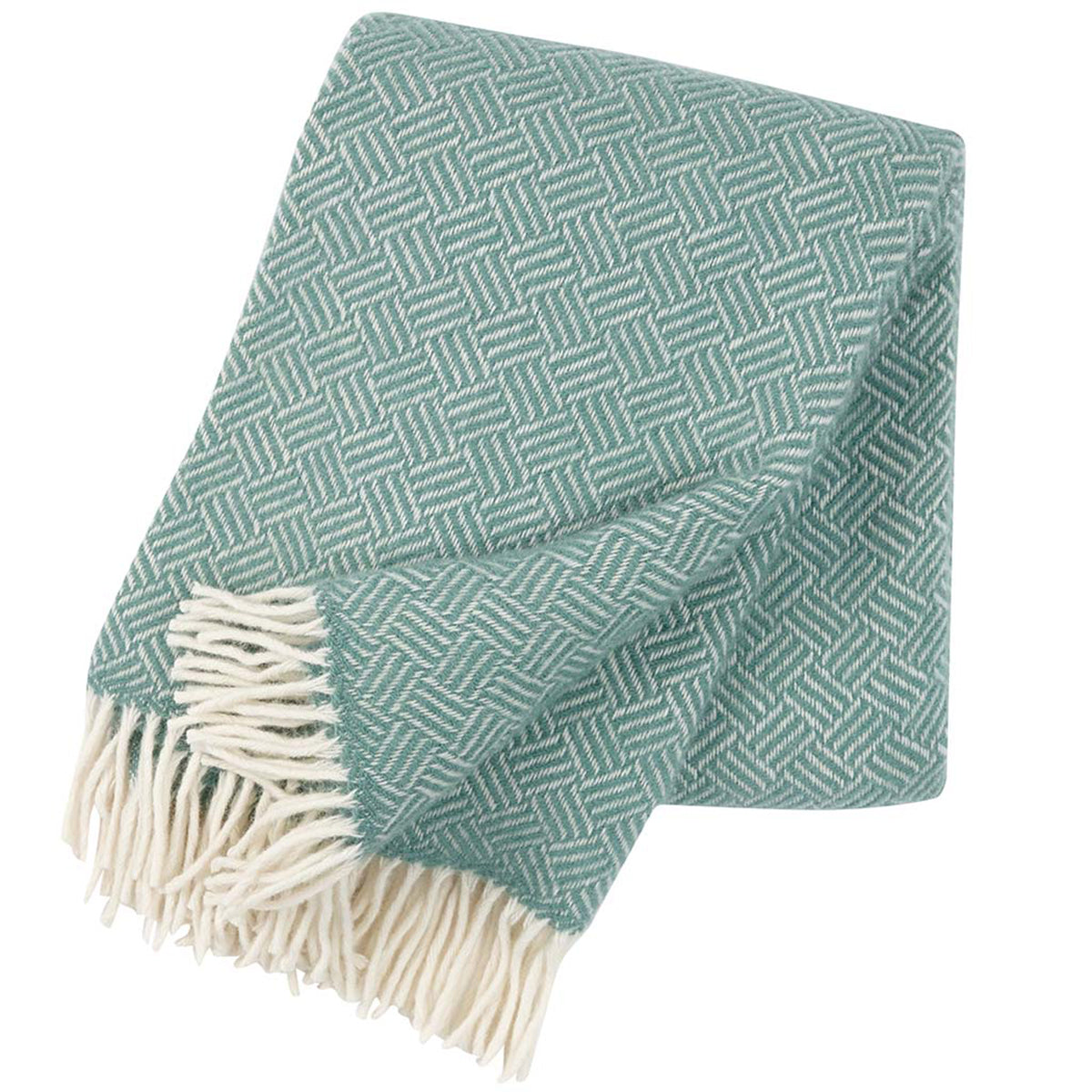 A mint green lambswool throw with a geometric pattern and a fringe, displayed on a neutral background.