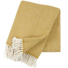 A yellow lambswool throw with a geometric pattern, fringed with white, displayed on a white background.